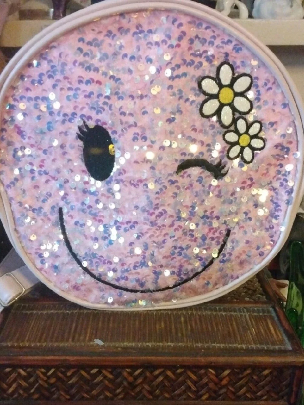 Kids Pink Sequin Smiley Face Mini Backpack with Daisy Accent
